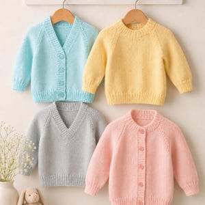 May include: Four knitted sweaters in pastel colors: a light blue V-neck cardigan with buttons, a yellow crew-neck pullover, a grey V-neck pullover, and a light pink crew-neck cardigan with buttons. Each sweater features long sleeves and ribbed cuffs.