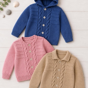 May include: Three knitted cardigans in blue, pink, and tan. The blue cardigan features a hood, while the pink and tan cardigans have collars. Each garment includes a central button closure, ribbed cuffs, and a vertical cable knit pattern.