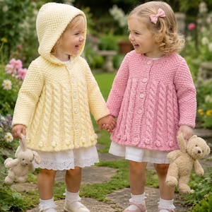 May include: A pale yellow hooded cardigan with cable knit details and a button front, paired with a white skirt, and a pink cardigan with cable knit details and a button front, paired with a white skirt, both worn with white socks and shoes.