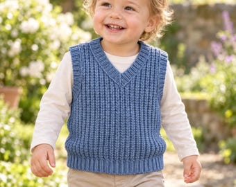 Puede incluir: Un chaleco de punto azul con cuello en V y patrón de canalé vertical, usado sobre una camisa de manga larga color crema y pantalones de color tostado claro. El chaleco presenta un dobladillo grueso y bordes acanalados en las sisas.