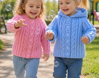 May include: A pink cable-knit cardigan with buttons and a light blue hooded cable-knit cardigan with buttons. Both garments feature a vertical cable pattern, long sleeves, and ribbed cuffs, worn over blue denim jeans with casual sneakers.
