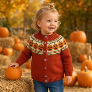 May include: A rust-colored knit cardigan featuring a round yoke with a repeating pattern of orange jack-o'-lanterns and green leaves. The sweater has long sleeves, a ribbed hem, and a vertical row of seven matching buttons down the front center.