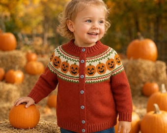 May include: A rust-colored knit cardigan featuring a round neckline with a repeating pattern of orange jack-o'-lanterns and green accents. The garment has long sleeves, a ribbed hem, and a vertical row of buttons down the center front.