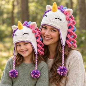 May include: Two matching cream-colored knit unicorn hats featuring yellow horns, pink and purple curly yarn manes, and braided earflaps ending in multi-colored pom-poms. The hats have embroidered black eyes and are designed with a soft, textured knit.