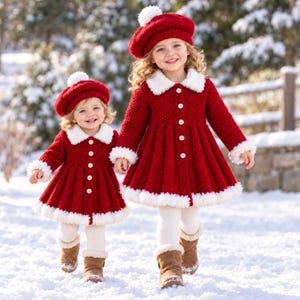 May include: Two matching red knit coats with white faux fur collars, cuffs, and hems, featuring front buttons and pleated skirts. Each coat is paired with a matching red knit beret with a white pom-pom, white leggings, and brown boots.