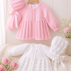 Baby Matinee Coat & Lace Bonnet Knitting Pattern PDF Lacy Girls Cardigan DK 8ply Age Newborn - 12 mths 16 - 20" Download