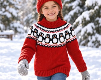 Puede incluir: Un suéter de punto rojo con un canesú blanco que presenta un patrón repetitivo de pingüinos en blanco y negro. El suéter tiene cuello, puños y dobladillo acanalados. Se combina con un gorro de punto rojo a juego y manoplas de punto grises.