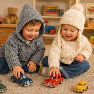 May include: A grey hooded knit sweater with a double-breasted button front and a cream-colored knit sweater with a matching pom-pom beanie and double-breasted button front, both worn with blue denim jeans while playing with small toy cars.