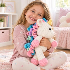 Pode incluir: Um peluche de unicórnio com corpo cor de creme, um chifre amarelo e uma crina multicolorida com fios encaracolados de lã rosa, azul, roxa e verde. O unicórnio tem olhos pretos e detalhes cor-de-rosa nos cascos e no interior das orelhas.