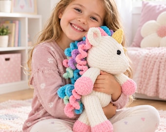 Puede incluir: Un peluche de unicornio con cuerpo color crema, un cuerno amarillo y una melena multicolor con mechones rizados de lana rosa, azul, morada y verde. El unicornio tiene ojos negros y detalles rosas en los cascos y en el interior de las orejas.