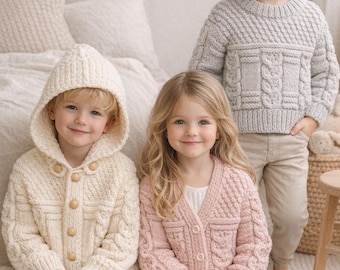May include: Three children wearing knitted sweaters and cardigans. One child wears a cream-colored hooded cardigan with wooden buttons. Another wears a pink cardigan, and the third wears a gray sweater. All the garments have cable knit detailing.