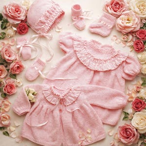 Ruffle Yoke & Collar Baby Matinee Set Knitting Pattern PDF Dress Jacket Bonnet Bootees Mittens DK 8ply 16 - 22" Newborn - 2 yrs Layette