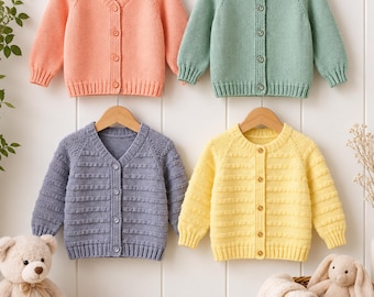 May include: Four long-sleeved knit cardigans hanging on wooden hangers. The top left is peach, the top right is sage green, the bottom left is periwinkle blue with horizontal textured stripes, and the bottom right is yellow with horizontal textured stripes.