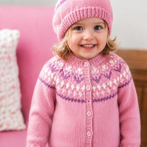 Girls Fair Isle Cardigan & Beret Hat Knitting Pattern PDF Childs Yoked Jacket Tammy DK 8ply Age 1 - 5  Download