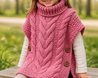 Puede incluir: Un suéter de punto rosa sin mangas con cuello alto grueso, patrones de trenzas verticales en la parte delantera y botones marrones a lo largo de las costuras laterales. La prenda se lleva sobre una camisa blanca de manga larga y pantalones claros.