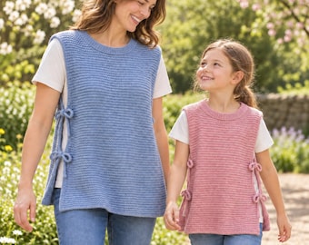 Puede incluir: Un chaleco de punto azul y un chaleco de punto rosa, ambos con cuello redondo y aberturas laterales aseguradas con lazos de punto a juego. Cada chaleco se lleva sobre una camiseta blanca de manga corta y unos vaqueros azules.