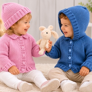 Easy Knit Plain Hooded Jacket Knitting Pattern PDF Boys Girls Cardigan Collar & Hat DK 8ply 14 - 24" Premature Baby - 4 yrs