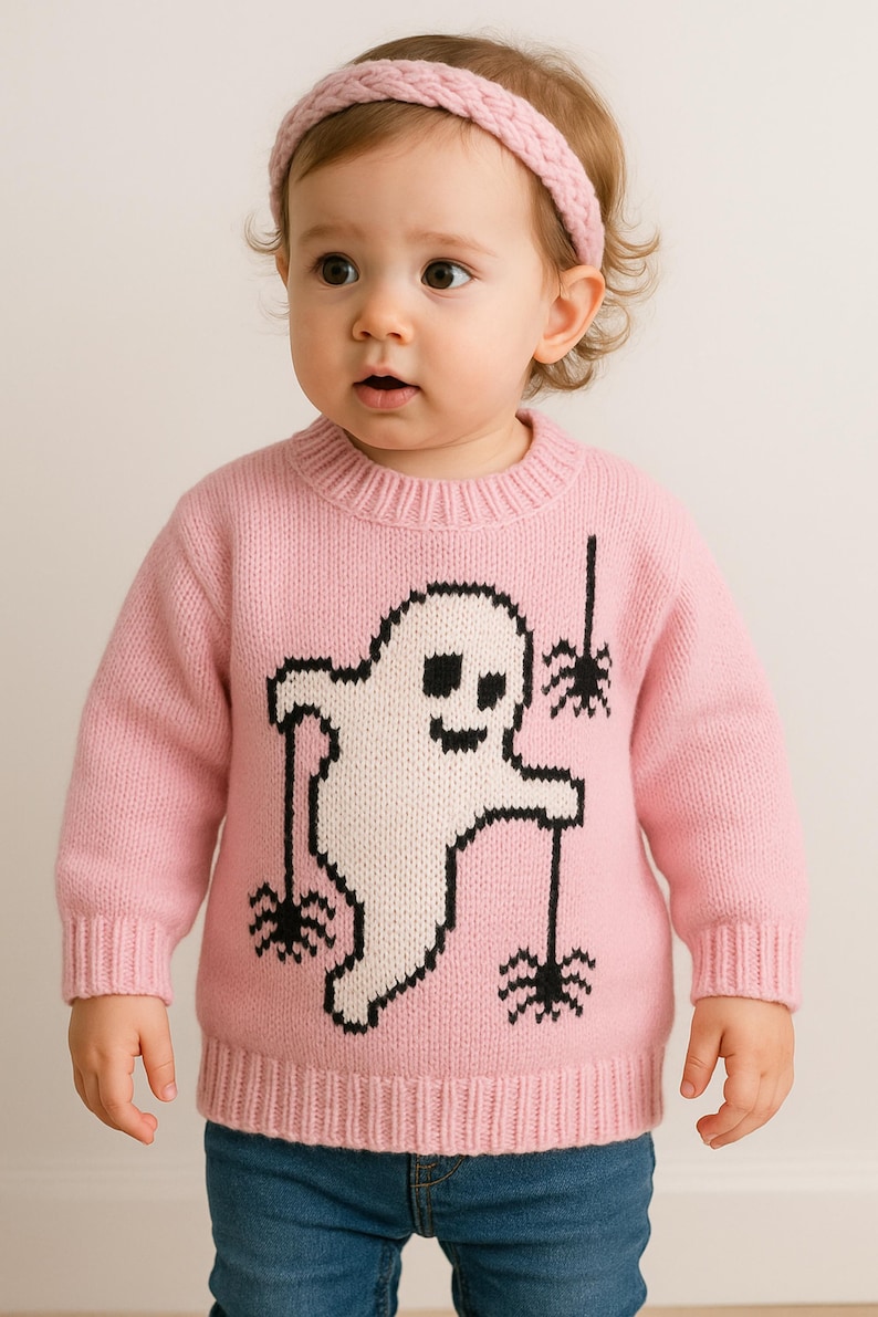 May include: A light pink long-sleeve knit sweater featuring a large white ghost graphic with black outlines. The ghost is depicted holding three black spider icons hanging from thin black lines. The sweater has a ribbed crew neckline, cuffs, and hem.