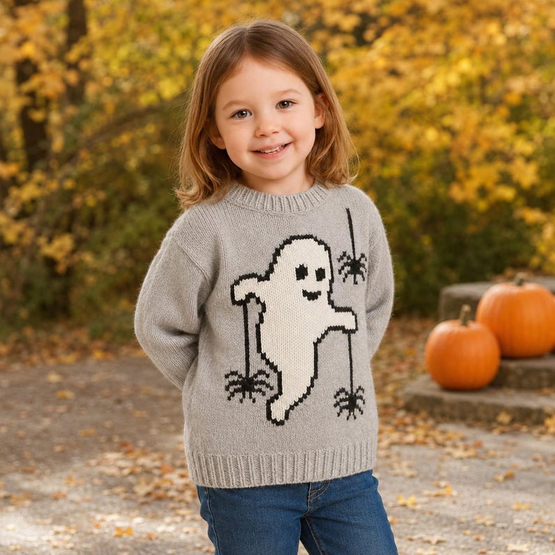 May include: A light gray long-sleeve knit sweater featuring a large white ghost graphic with black details and three black spiders hanging from threads. The sweater has a ribbed crew neckline and ribbed cuffs at the waist and wrists.