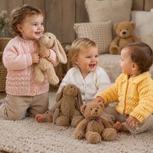 May include: Three toddlers wearing knit cardigans in pastel pink, white, and yellow, paired with beige trousers. The children are interacting with plush toys, including two brown rabbits and two brown teddy bears, on a textured rug.