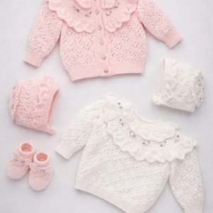 Lace Collar Ruffle Yoke Girls Cardigan Sweater Knitting Pattern PDF Baby Bonnet Bootees Jumper DK 8ply 18 - 22" 3mths - 2 yrs
