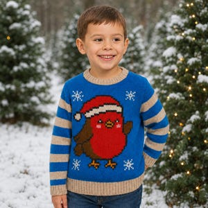 May include: A blue long-sleeve sweater featuring a knit graphic of a red robin wearing a Santa hat, surrounded by white snowflake patterns. The sweater has tan ribbed trim at the crew neckline, cuffs, and hem, with tan horizontal stripes on the sleeves.