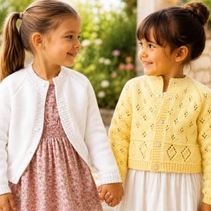 May include: Two young girls holding hands, each wearing a cardigan. One girl wears a white cardigan over a floral dress. The other girl wears a yellow cardigan with a diamond pattern over a white dress. The background is a garden setting.