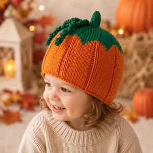 May include: A knitted beanie hat designed to resemble a pumpkin, featuring a vibrant orange body with vertical ribbed texture, a dark green top section, and a small green stem at the crown with decorative curly green tendrils attached.