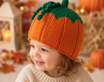 Puede incluir: Un gorro de punto con forma de calabaza, que presenta un cuerpo de color naranja vibrante con textura acanalada vertical, una sección superior de color verde oscuro y un pequeño tallo verde en la corona con zarcillos rizados.