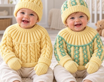 Puede incluir: Dos bebés con suéteres y manoplas de punto amarillo a juego. El bebé de la izquierda lleva un gorro de punto trenzado amarillo liso con un pompón. El de la derecha lleva un gorro de punto trenzado amarillo y verde claro.