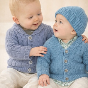 Easy Knit Raglan Cardigan & Hat Knitting Pattern PDF Baby Boys Girls Toddler V Neck Shal Collar DK 8ply 16 - 26" Age 0 - 7 yrs
