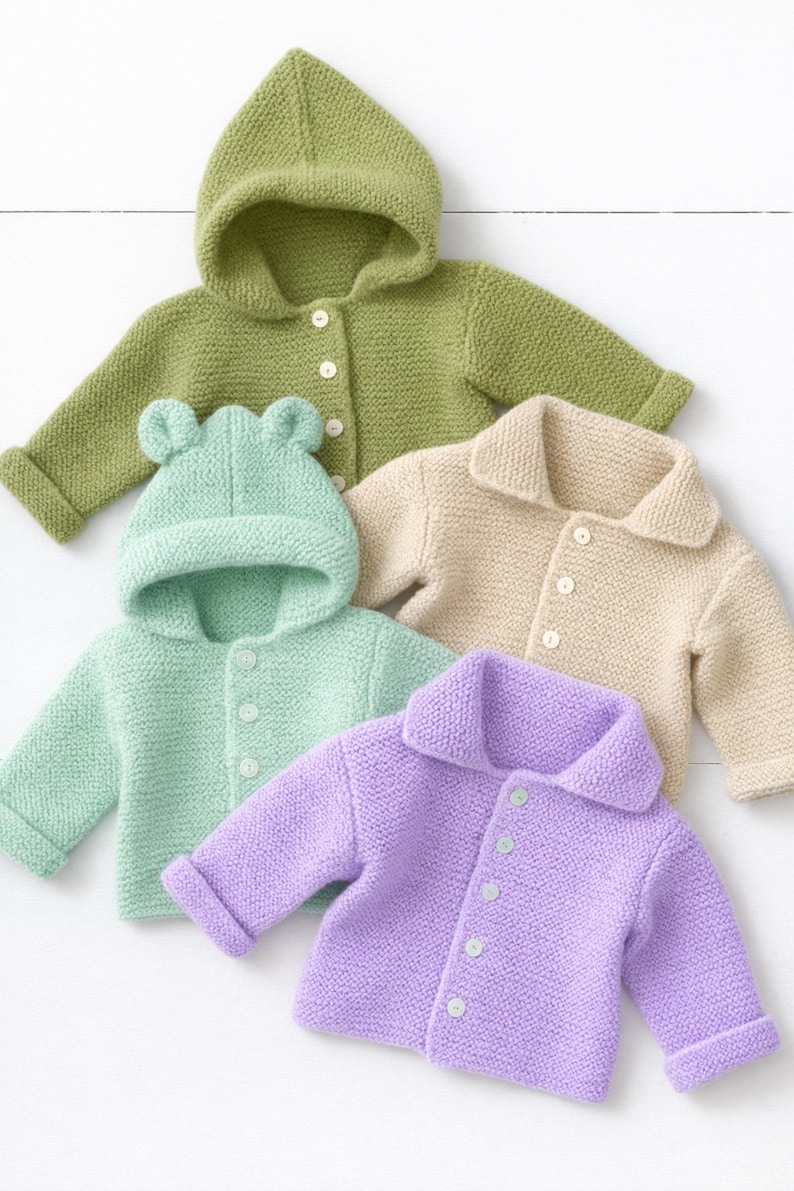 Puede incluir: Cuatro c&aacute;rdigans de beb&eacute; de punto en verde, verde menta, beige y morado. El verde tiene capucha, el verde menta una capucha con forma de rana y los otros tienen cuello. Cada uno tiene botones.