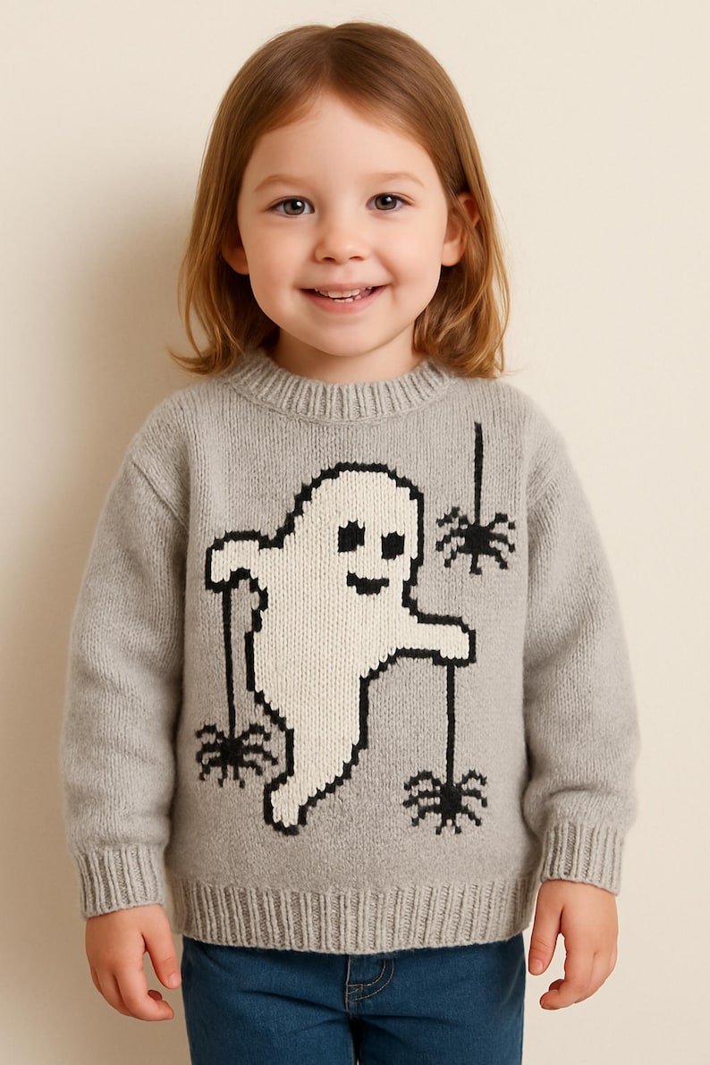 May include: A light gray long-sleeve knit sweater featuring a large white ghost graphic with black outlines. The ghost is depicted holding three black spiders hanging from thin black threads. The sweater has a ribbed crew neckline, cuffs, and hem.