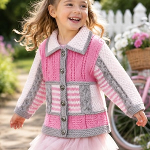 May include: A long-sleeve knit cardigan featuring a color-blocked design in shades of pink, white, and grey. The garment includes a textured collar, vertical cable knit patterns, horizontal stripes, and five round metallic buttons down the front.