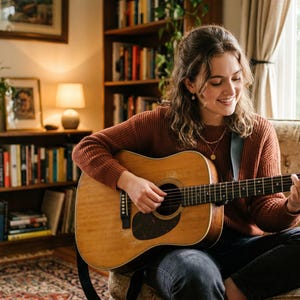 May include: Acoustic guitar with a natural wood finish, being played by a person in a living room. The guitar has a dark pickguard and a strap. The person is wearing a rust-coloured sweater and dark trousers, seated in a patterned armchair.