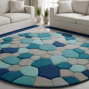 Alfombra redonda con estampado de guijarros, alfombra costera azul verdoso, alfombra moderna con diseño de piedra.