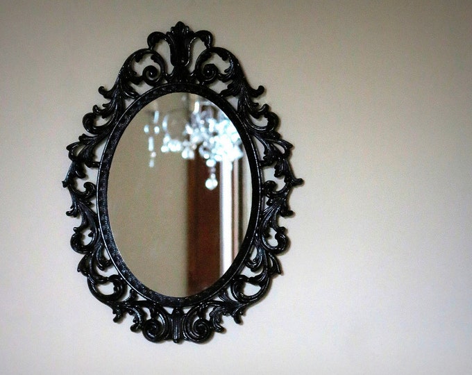 Vintage Midnight Black Ornate Wall Mirror in Glossy Noir Enamel Etsy