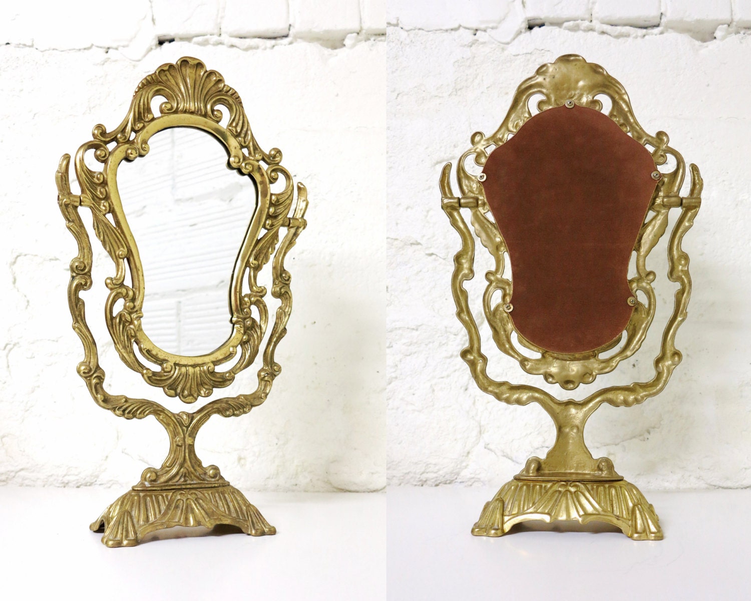 Large Ornate Art Nouveau Brass Vanity Mirror Vintage Gold Etsy