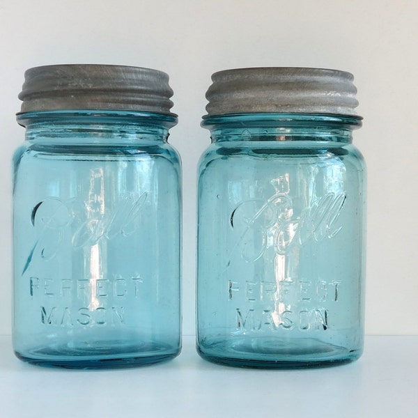 Antique Blue Aqua Ball PERFECT Mason Canning Jars,  Set of Two Rustic Mason Jars with Zinc Lids