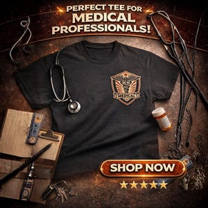 May include: Black t-shirt with a medical emblem on the chest, featuring a caduceus design with red and white accents. The text "PERFECT TEE FOR MEDICAL PROFESSIONALS!" is at the top. A stethoscope and prescription bottle are also visible.