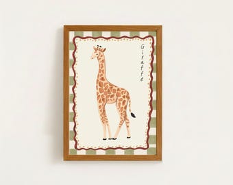 May include: A framed print featuring a giraffe illustration. The giraffe has a tan coat with brown spots and is set against a cream background. The frame is a light brown color with a green and white checkered border.