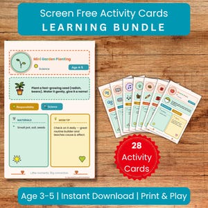 May include: A set of 28 screen-free activity cards in a learning bundle. The cards feature colorful icons, text instructions for tasks like mini garden planting, and sections for materials and tips. A red circular badge highlights the 28 card count.