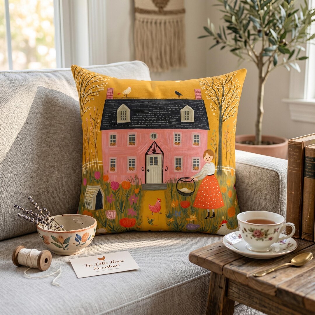 Whimsical Folk Art Pillow, Pink House Garden Scene, Cottagecore ...