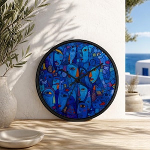 Blue Abstract Faces Wall Clock | Silent Wooden Art Timepiece | Unique Home Decor Gift