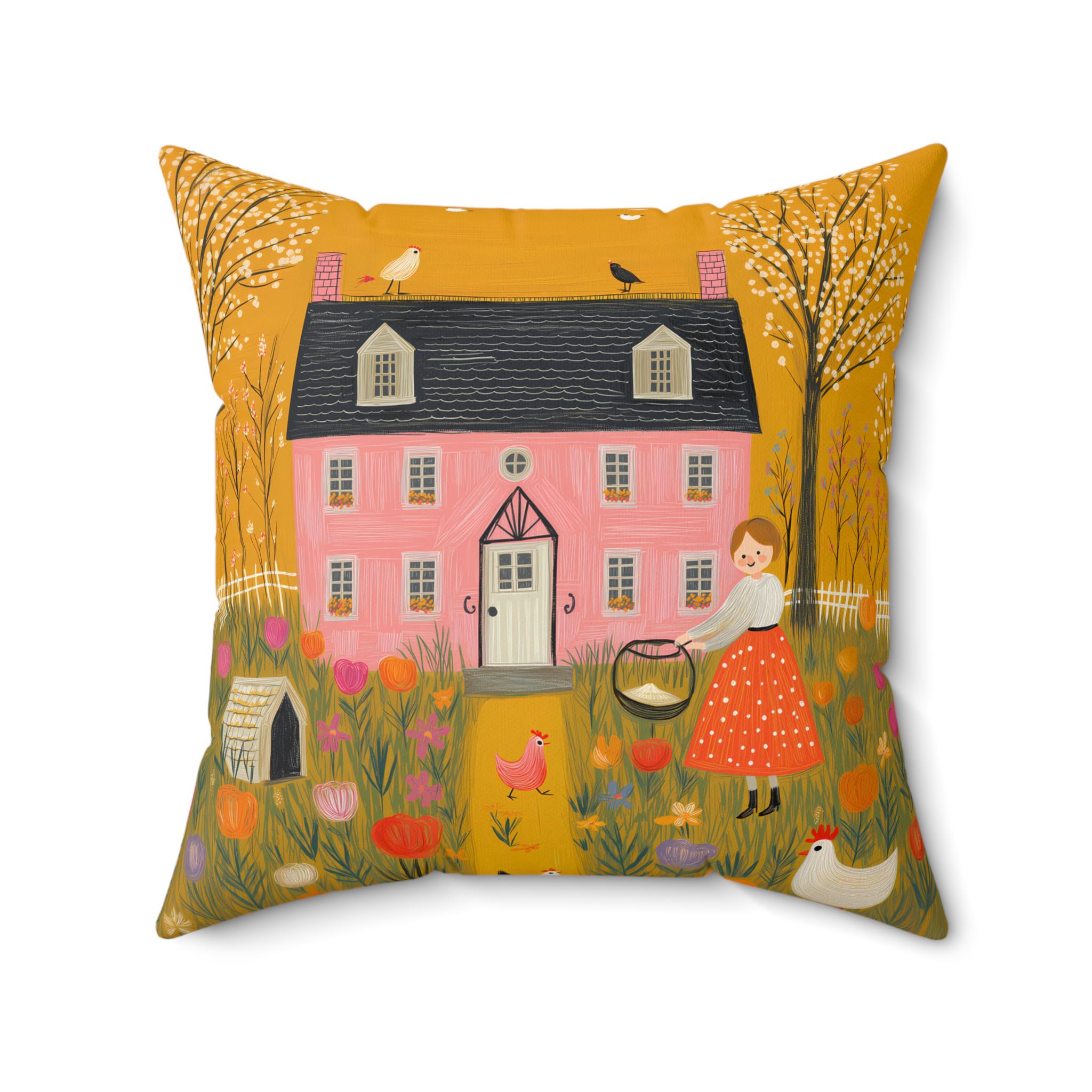 Whimsical Folk Art Pillow, Pink House Garden Scene, Cottagecore ...
