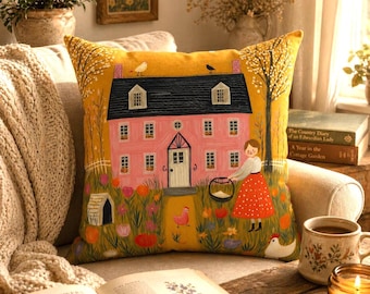 Cuscino stravagante in stile arte popolare, con scena di giardino e casa rosa, arredamento cottagecore in stile rustico.