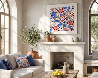 Arte em tela com pássaro azul e romã | Decoração espiritual inspirada em Rumi