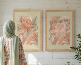 Conjunto de arte de parede islâmica floral, impressão de versículos do Alcorão, caligrafia árabe (download digital)