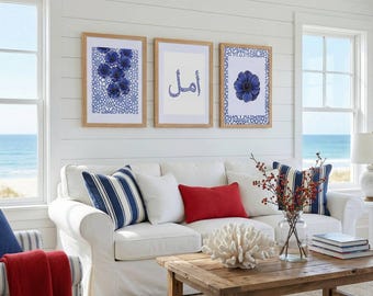 Conjunto de Caligrafia Árabe Amal | Arte de Parede Islâmica Floral Azul (Download Digital)