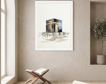 Impressão minimalista em aquarela da Caaba | Arte de parede islâmica para Hajj e Umrah (com moldura)